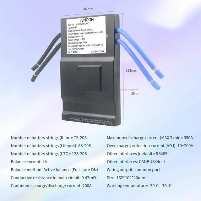 Alt view image 3 of 5 - LVNOON LB2A Smart Active Balancer BMS for Li-ion NCM LFP LiFePo4 LTO Battery Management System 7S 8S 10S 12S 15S 16S 20S 21S 24S 200A with APP Control 24V 48V 60V 72V (7-20S with Heat + CAN, 200A)