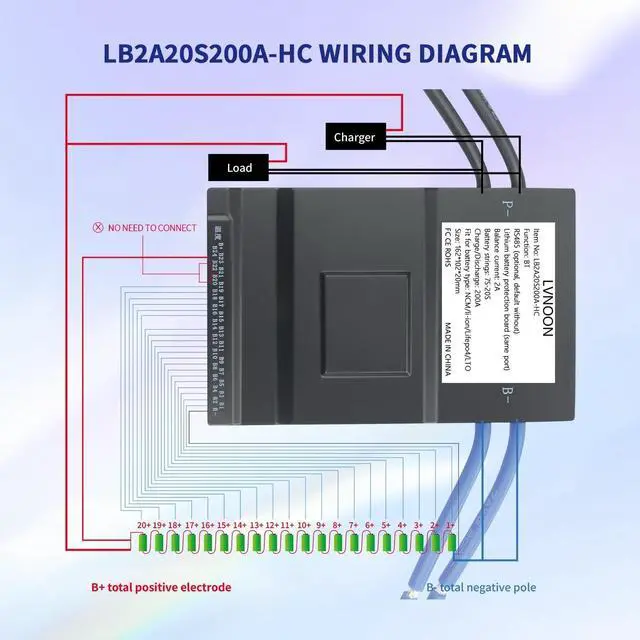 Alt view image 5 of 5 - LVNOON LB2A Smart Active Balancer BMS for Li-ion NCM LFP LiFePo4 LTO Battery Management System 7S 8S 10S 12S 15S 16S 20S 21S 24S 200A with APP Control 24V 48V 60V 72V (7-20S with Heat + CAN, 200A)