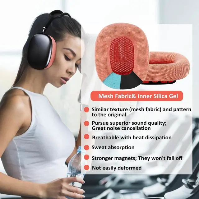 Alt view image 2 of 5 - EARROCK Replacement Gel Ear Cushions for Apple AirPods Max 1, Mesh Fabric Covered Ear Pads & Silicone & Memory Foam and Magnet (Pink)