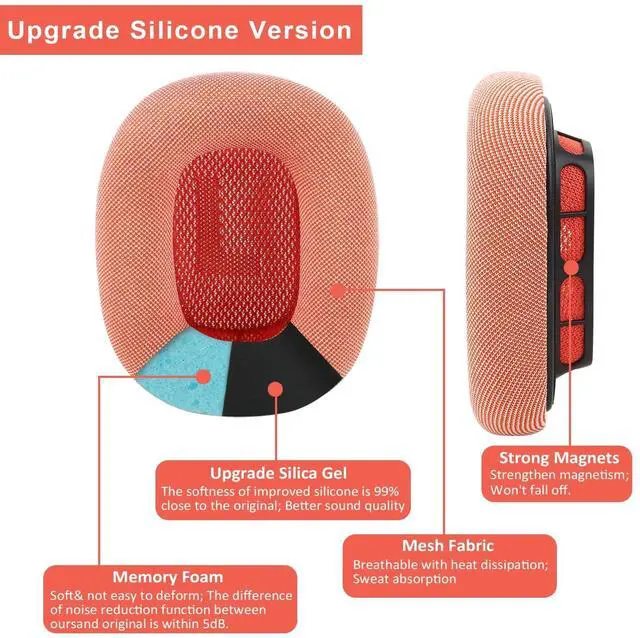 Alt view image 4 of 5 - EARROCK Replacement Gel Ear Cushions for Apple AirPods Max 1, Mesh Fabric Covered Ear Pads & Silicone & Memory Foam and Magnet (Pink)