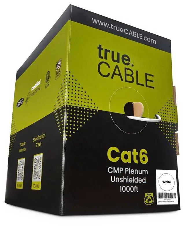 Main image of trueCABLE Cat6 Plenum (CMP), 1000ft, White, 23AWG 4 Pair Solid Bare Copper, 550MHz, PoE++ (4PPoE), ETL Listed, Unshielded Twisted Pair (UTP), Bulk Ethernet Cable