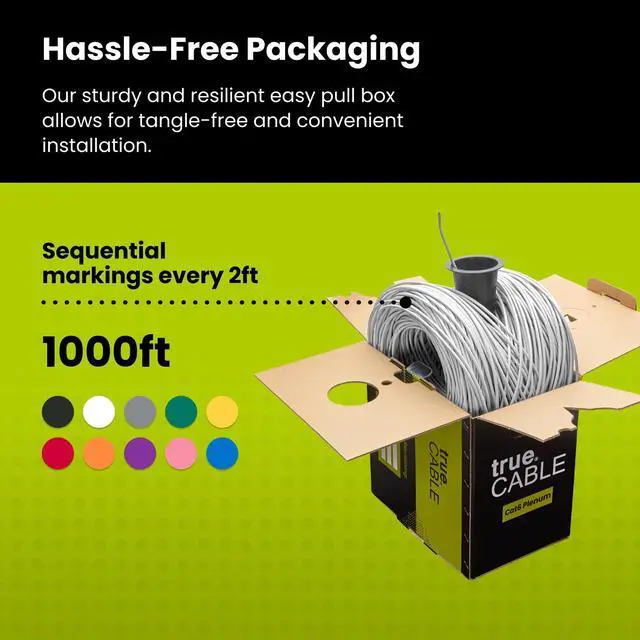 Alt view image 5 of 5 - trueCABLE Cat6 Plenum (CMP), 1000ft, White, 23AWG 4 Pair Solid Bare Copper, 550MHz, PoE++ (4PPoE), ETL Listed, Unshielded Twisted Pair (UTP), Bulk Ethernet Cable
