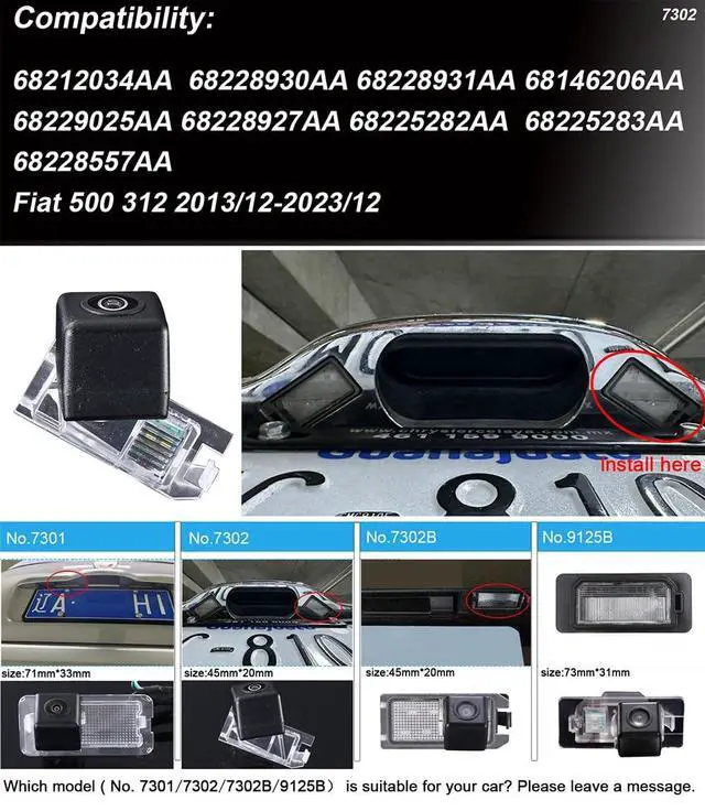 Alt view image 2 of 5 - Vehicle License Plate Backup Camera,Night Vision Car Rear View Reverse Camera+4.3" inch LCD Mirror Replacement for Fiat 500 312 2013/12-2023/12 OEM :68225283AA 68228557AA(No.7302)