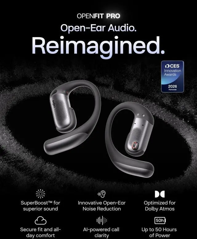 Alt view image 2 of 5 - SHOKZ OpenFit Pro Open-Ear True Wireless Earbuds with Open-Ear Noise Reduction, Optimised for Dolby Atmos, Deep Bass, 50H Playtime, AI-Powered Clear Calls for Work, Sport, Bluetooth 6.1, IP55,
