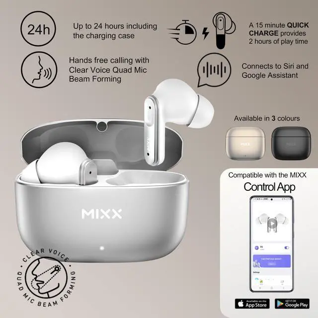 Alt view image 2 of 5 - MIXX StreamBuds Custom 3 - True Wireless Earbuds with Charging Case - Sleek Bluetooth Earbuds (Silver White)