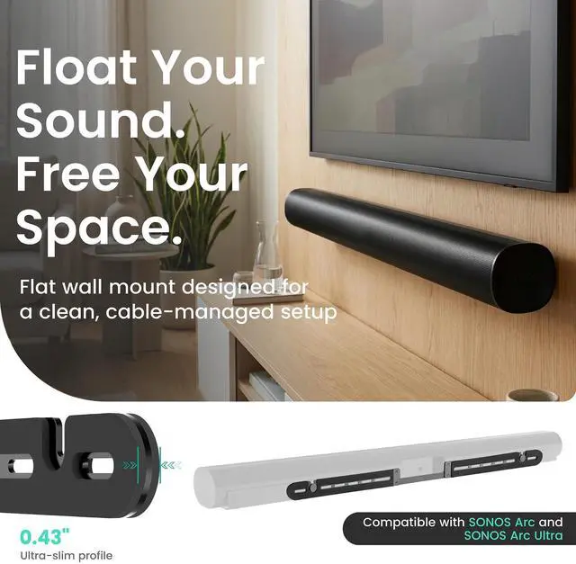 Alt view image 2 of 5 - ynVISION.DESIGN Soundbar Wall Mount compatible with Sonos Arc Ultra and Sonos Arc - Includes All Hardware and Anchors for Drywall & Hard Surface- Vibration-Reducing Foam Pads - Flat Wall Mount - Black