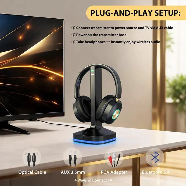 Alt view image 4 of 5 - Wireless Headphones for TV Watching, TV Headphones Wireless for Seniors with Low Latency , V5.4 Over Ear Headphones with Digital Optical RCA AUX 3.5 MM Transmitter Charging Dock, for Eld