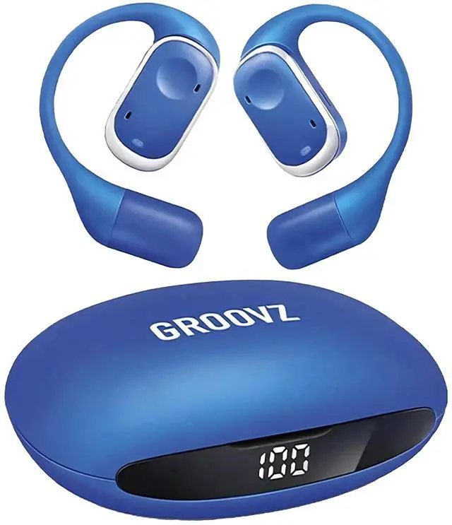 Main image of Groovz Open-Ear True Wireless Headphones with Smart Battery Display - Designed and Engineered in the USA - IPX5-Rated Bluetooth Open Ear Earbuds Compatible with Apple & Android - Classic Blue