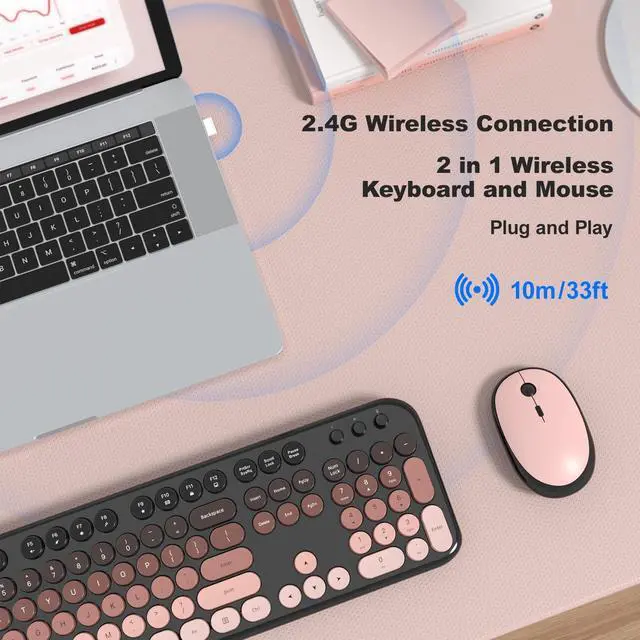 Alt view image 5 of 5 - Wireless Keyboard Mouse Combo - Lovely BlackBerry-Gradient Rainbow Full-Sized Typewriter Colorful Keyboards, Round Keycap Plug Play Retro Cute Keyboards for Windows, Laptop, PC, Desktop, Comput