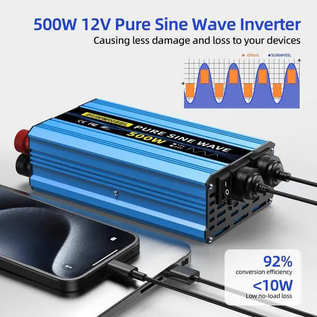 Alt view image 2 of 5 - SUNWHEEL 500W Pure Sine Wave Inverter, 12V DC to 110V/120V AC Car Power Inverter with 2 AC outlets and LCD Display