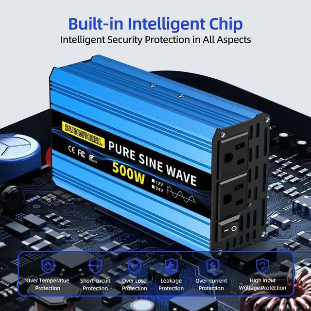 Alt view image 5 of 5 - SUNWHEEL 500W Pure Sine Wave Inverter, 12V DC to 110V/120V AC Car Power Inverter with 2 AC outlets and LCD Display