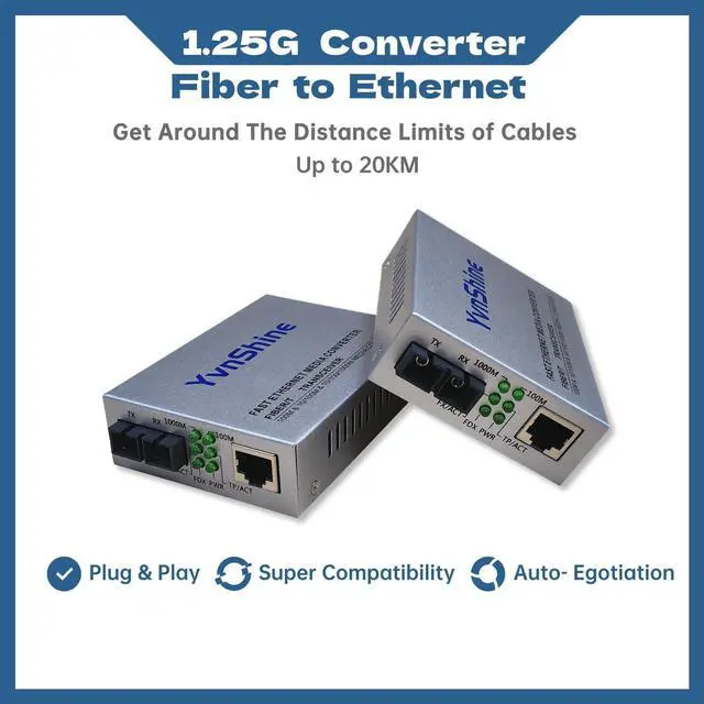 Alt view image 3 of 5 - YvnShine Gigabit SingleMode Fiber to Ethernet Media Converter, Dual SC Fiber, 1000Base-LX to 10/100/1000Base-Tx Gigabit SMF Fiber SC to Copper RJ45 Ethernet Converter, 20km, Pack of 2