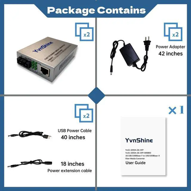 Alt view image 2 of 5 - YvnShine Gigabit SingleMode Fiber to Ethernet Media Converter, Dual SC Fiber, 1000Base-LX to 10/100/1000Base-Tx Gigabit SMF Fiber SC to Copper RJ45 Ethernet Converter, 20km, Pack of 2