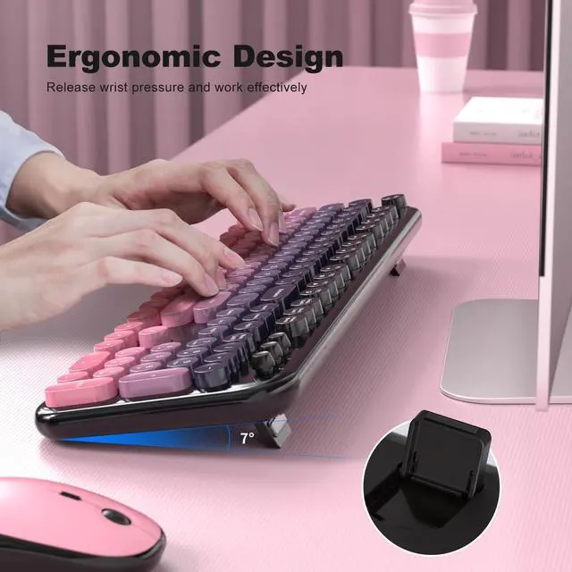 Alt view image 3 of 5 - Wireless Keyboard Mouse Combo - Lovely CherryPink-Gradient Rainbow Full-Sized Typewriter Colorful Keyboards, Round Keycap Plug Play Retro Cute Keyboards for Windows, Laptop, PC, Desktop, Comput
