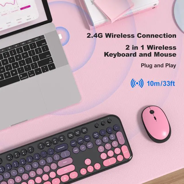 Alt view image 5 of 5 - Wireless Keyboard Mouse Combo - Lovely CherryPink-Gradient Rainbow Full-Sized Typewriter Colorful Keyboards, Round Keycap Plug Play Retro Cute Keyboards for Windows, Laptop, PC, Desktop, Comput