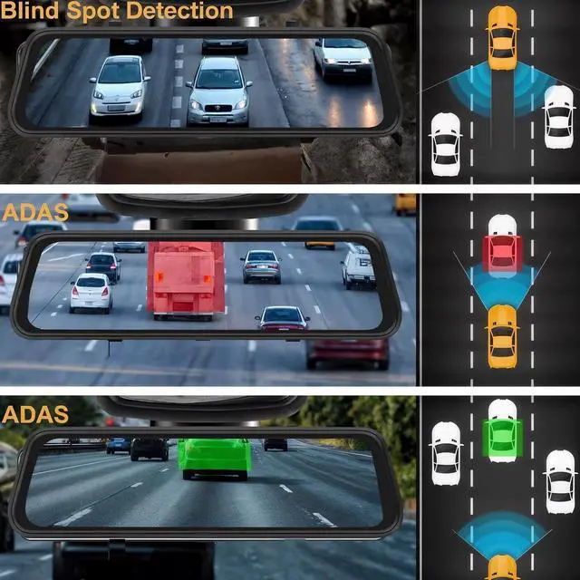 Alt view image 2 of 5 - BY-J 9.66" 4K Mirror Dash Cam Front and Rear, Backup Camera for Cars, Full Touch Screen Rear View Mirror Camera, Smart Driving Assistant, Loop Recording Streaming Media