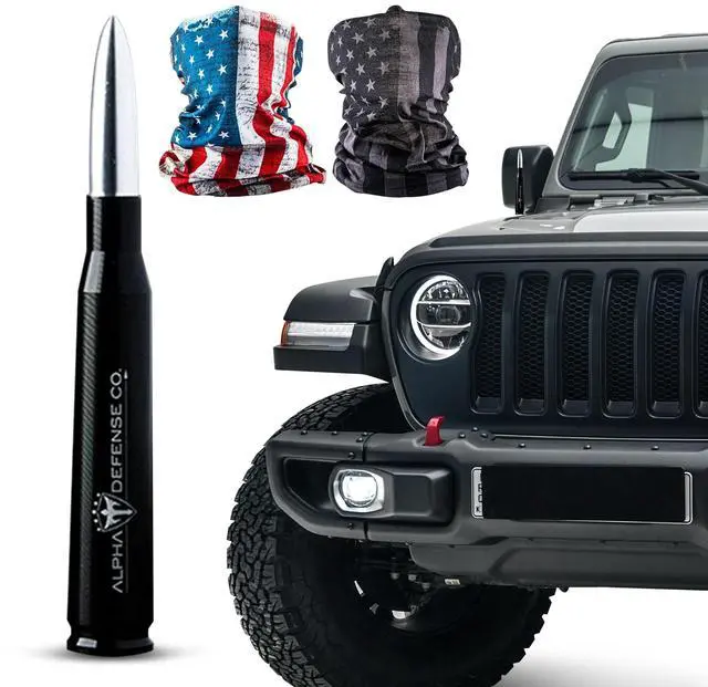 Main image of Alpha Defense Round Style Antenna 50 Cal Round Shaped Aluminum Rust Resistant 5.5" Jeep Wrangler + Most Trucks Radio Antenna + Face Shield Alpha Defense Set of 2 (Silver)