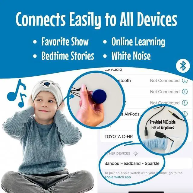 Alt view image 3 of 5 - Bandou - Original Toddler & Kids Headphones - Bluetooth Wireless & Wired Headband - Comfortable Fit - Safe Volume Limited - Adjustable for Travel, Learning, and Sleep (Sparkle The Unicorn)