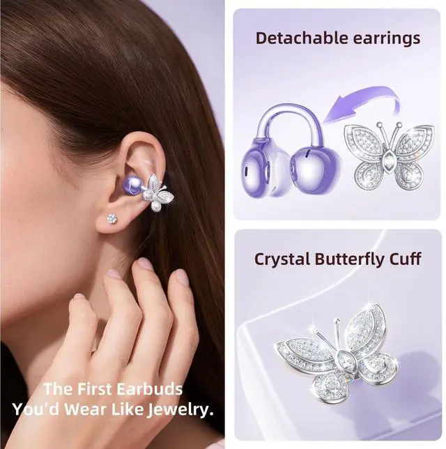 Alt view image 2 of 5 - Kinglucky ClipFree Open-Ear Headphones, Butterfly-Inspired Ear-Cuff Design, Stylish & Comfortable Clip-On Ear Buds, Wireless Earbuds for Women, Long Battery Life, Great for Gifting - Purple
