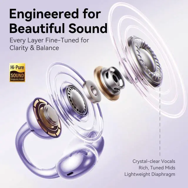 Alt view image 4 of 5 - Kinglucky ClipFree Open-Ear Headphones, Butterfly-Inspired Ear-Cuff Design, Stylish & Comfortable Clip-On Ear Buds, Wireless Earbuds for Women, Long Battery Life, Great for Gifting - Purple