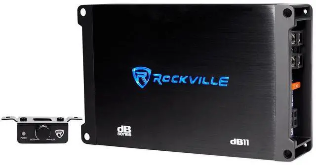 Main image of Rockville dB11 1400W Peak/350W RMS Mono 2-Ohm Class-D Car Amplifier, Wired Bass Remote, Compact Size, Low THD, for Powerful Car Audio