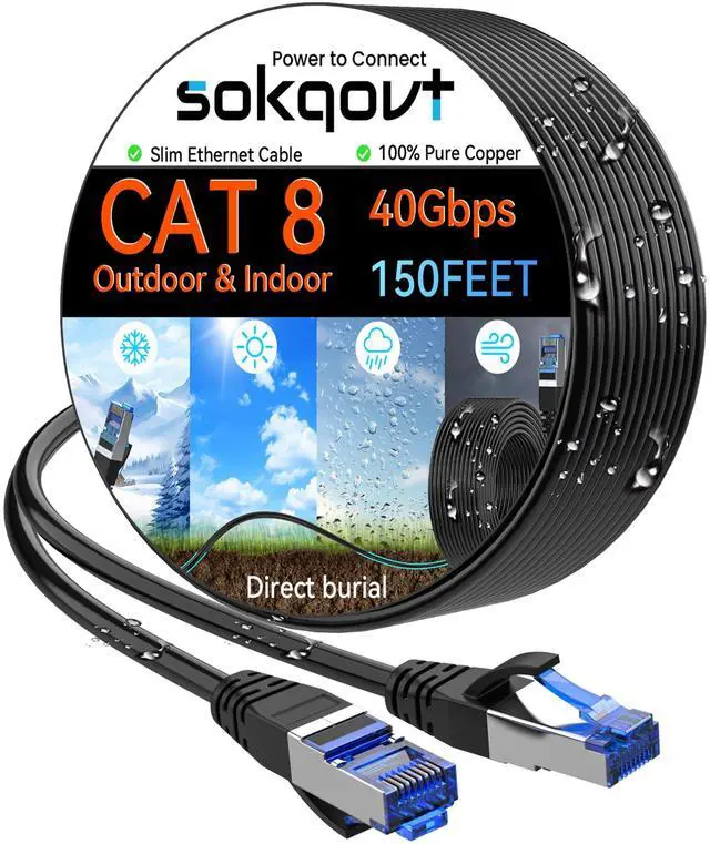 Main image of Sokqovt Cat 8 Ethernet Cable Slim 150ft Outdoor&Indoor, Pure Copper Cat8 Internet Cable for Waterproof & Direct Burial, Flexible Cat8 Ethernet Cable 40G 2000MHZ, Cat 8 Network Cable for Indoor Black