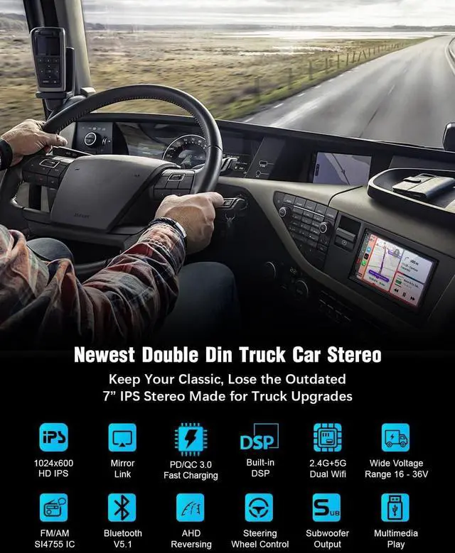 Alt view image 2 of 5 - SOOEMAKA Radio for Truck,Double Din Car Stereo with Wireless Carplay&Android Auto,7 inch Truck Radio Upgrade PD/QC 3.0 Fast Charging/16~36V/Bluetooth 5.1/AM/FM/DSP/SUB/SWC