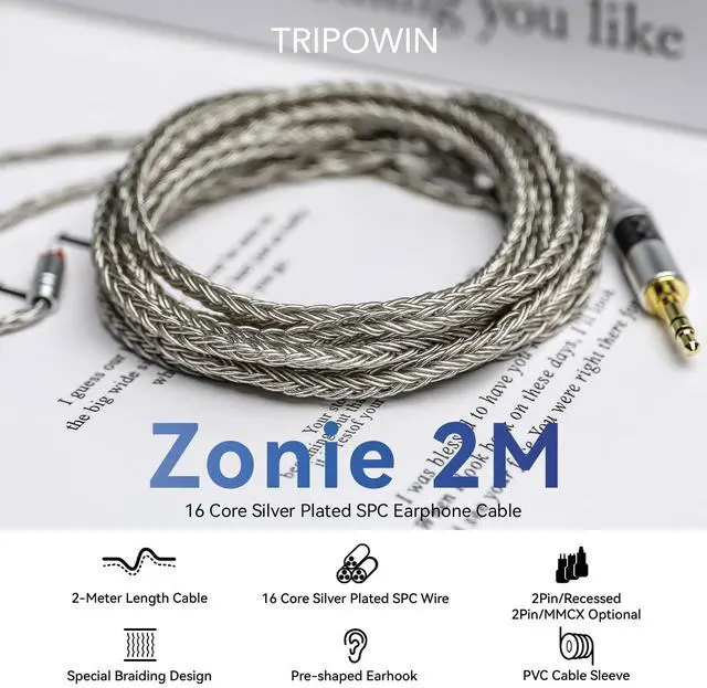 Alt view image 2 of 5 - Linsoul Tripowin Zonie IEM Cable, 2m Long Earbud Cord, 16 Core Silver Plated Earphone Cable, in Ear Monitor Wire for Audiophile Musician (MMCX)