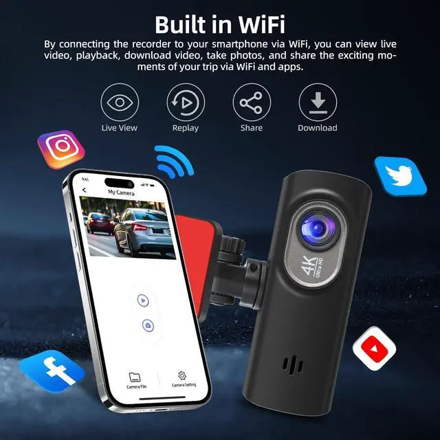 Alt view image 2 of 5 - NHOEEW 4K Dash Cam Front and Rear with 1080P Backup Camera - Dash Camera for Cars with 1.47 inch IPS 4K Touchscreen Support WiFi & APP Control, G-Sensor, Night Vision, Loop Recording + 64G SD Card