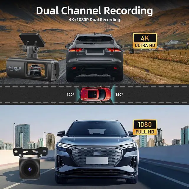 Alt view image 3 of 5 - NHOEEW 4K Dash Cam Front and Rear with 1080P Backup Camera - Dash Camera for Cars with 1.47 inch IPS 4K Touchscreen Support WiFi & APP Control, G-Sensor, Night Vision, Loop Recording + 64G SD Card