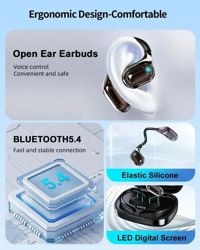Alt view image 2 of 5 - Open Ear Earbuds Wireless Open Ear Headphones, Bluetooth 5.4 Over Ear Earbuds with Earhook, 45 H Playtime Ear Buds, Waterproof Open Earphones Fit Sport, Running Black
