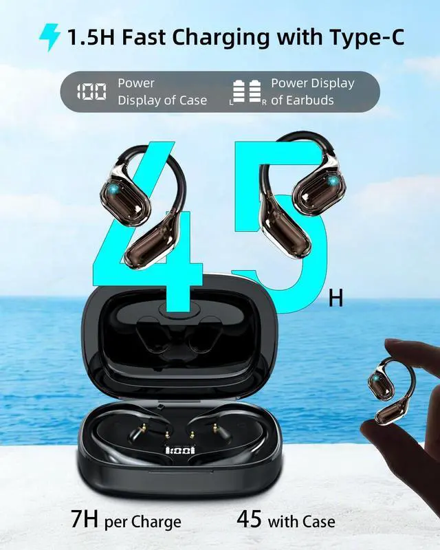 Alt view image 5 of 5 - Open Ear Earbuds Wireless Open Ear Headphones, Bluetooth 5.4 Over Ear Earbuds with Earhook, 45 H Playtime Ear Buds, Waterproof Open Earphones Fit Sport, Running Black