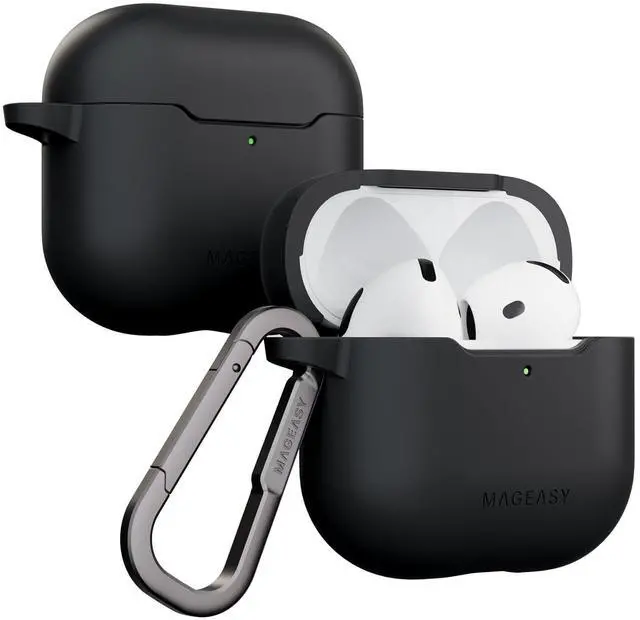 Main image of MAGEASY Skin Case for AirPods 4 (2024) with Carabiner Clip, Shockproof Protective TPU AirPods 4th Generation Cover, Stain-Resistant, Smooth Soft-Touch, Wireless Charging Compatible (Black)