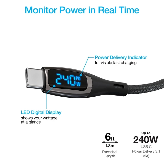 Alt view image 2 of 5 - Naztech Type C to Type C Digital Charger - 6ft 240W USB-C Charge Cable, USB-C PD Cable with LED Power Display, Braided Fast Charging Cord for iPhone 17/16/15, Galaxy 25/24, MacBook, iPad & More