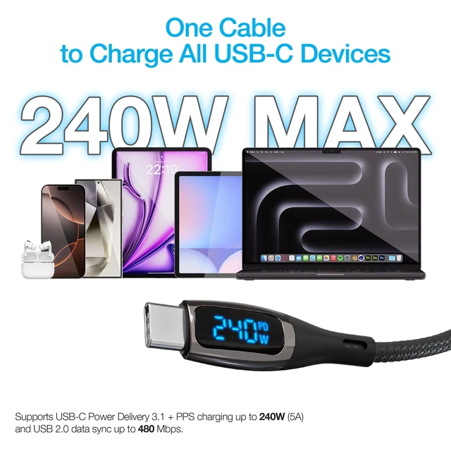 Alt view image 3 of 5 - Naztech Type C to Type C Digital Charger - 6ft 240W USB-C Charge Cable, USB-C PD Cable with LED Power Display, Braided Fast Charging Cord for iPhone 17/16/15, Galaxy 25/24, MacBook, iPad & More