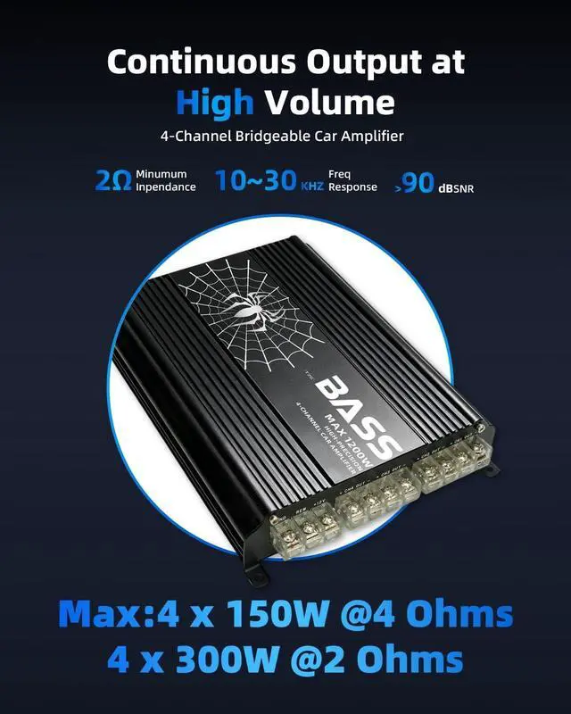 Alt view image 2 of 5 - TANVSO 1200W 4 Channel Car Amplifier, Class D Full Range Car Audio Amp, 2-4 Ohm Stable Bridgeable 4 Channel Amp with HPF/LPF Crossover, Compact Car Stereo Amplifier for Speakers & Subwoofers