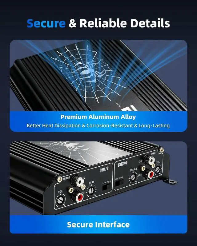 Alt view image 5 of 5 - TANVSO 1200W 4 Channel Car Amplifier, Class D Full Range Car Audio Amp, 2-4 Ohm Stable Bridgeable 4 Channel Amp with HPF/LPF Crossover, Compact Car Stereo Amplifier for Speakers & Subwoofers