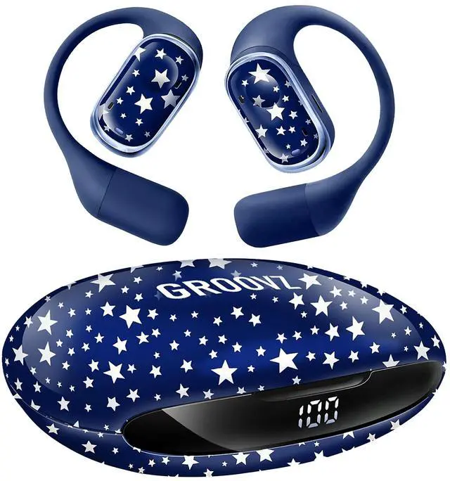 Main image of Groovz Open-Ear Plus True Wireless Headphones with Battery Display - Designed & Engineered in the USA - Multi-Point Pairing Bluetooth Open Ear Earbuds Compatible w/Apple & Android - Blue Starry