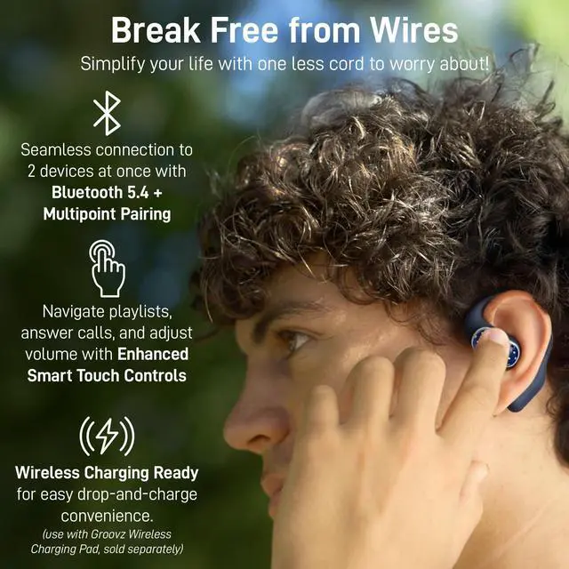 Alt view image 3 of 5 - Groovz Open-Ear Plus True Wireless Headphones with Battery Display - Designed & Engineered in the USA - Multi-Point Pairing Bluetooth Open Ear Earbuds Compatible w/Apple & Android - Blue Starry