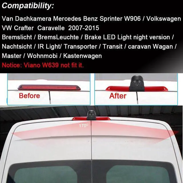 Alt view image 2 of 5 - Car Third Roof Top Mount Brake Light 3 Rear View Camera Parking Safety Assistant System, HD Night Vision Waterproof for VW Crafter Caravelle/Mercedes Benz Sprinter W906 (with 7-inch Rearview Mirror)