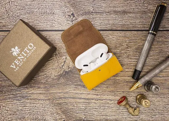 Alt view image 2 of 5 - Bari Pro Leather Cover Compatible wth Apple AirPods Pro Charging Case (Yellow)