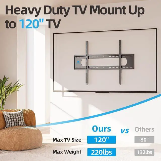 Alt view image 3 of 5 - 85 86 98 100 inch Heavy Duty TV Wall Mount for 55-120 inch Large TVs up to 220 LBS & 900x600mm Vesa, Ultra Slim Fixed TV Mount, Low-Profile TVS Bracket, 16" 24" 32" Wood Stud, Fit Most 65+ 75+ 120 TVs