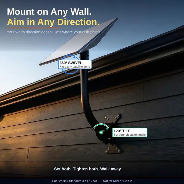 Alt view image 4 of 5 - Wall Mount for Starlink Gen 3, Heavy Duty 19 Inch Adjustable Carbon Steel J-Mount with Pivot Base, Weatherproof Roof and Wall Mounting Bracket Compatible with Starlink Standard 4/4X/V3 Dish