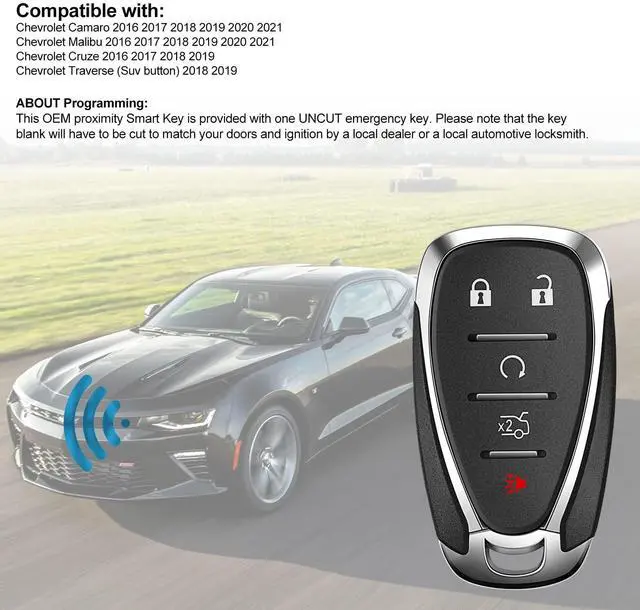 Alt view image 2 of 5 - Replacement Car Key Fob Smart Proximity Keyless Entry Remote Control fit for Chevy Camaro Cruze Malibu 2016-2020 433MHz ID46 Chip 5 Button FCCID: HYQ4EA 13529662