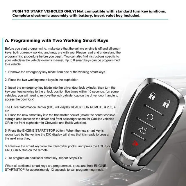 Alt view image 5 of 5 - Replacement Car Key Fob Smart Proximity Keyless Entry Remote Control fit for Chevy Camaro Cruze Malibu 2016-2020 433MHz ID46 Chip 5 Button FCCID: HYQ4EA 13529662