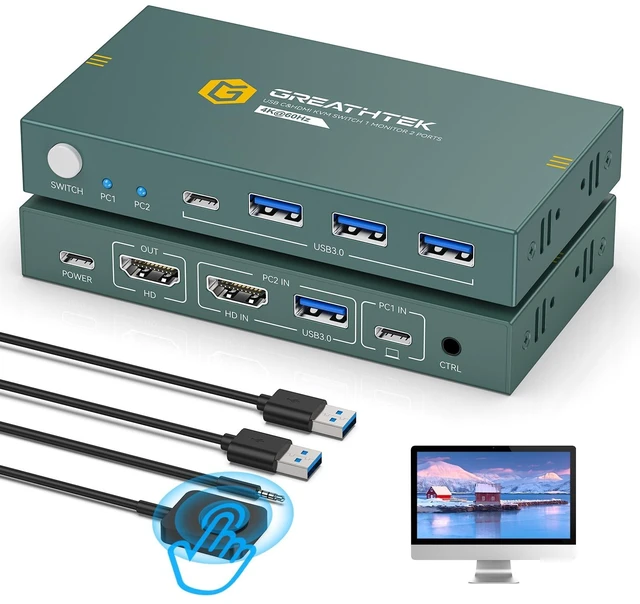Main image of Greathek HDMI USB C KVM Switch for 2 Computers/Laptops Share 1 Monitor