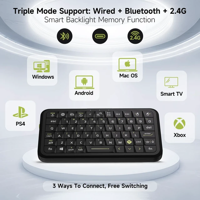 Alt view image 3 of 5 - Phistone Mini Keyboard with Triple Mode (2.4G/Bluetooth/USB-C),RGB Backlit with Memory, Air Mouse, Ultra-Slim Portable, Compatible with Tablet/PC/Smart TV/Phone (iOS/Android/Windows/Mac)