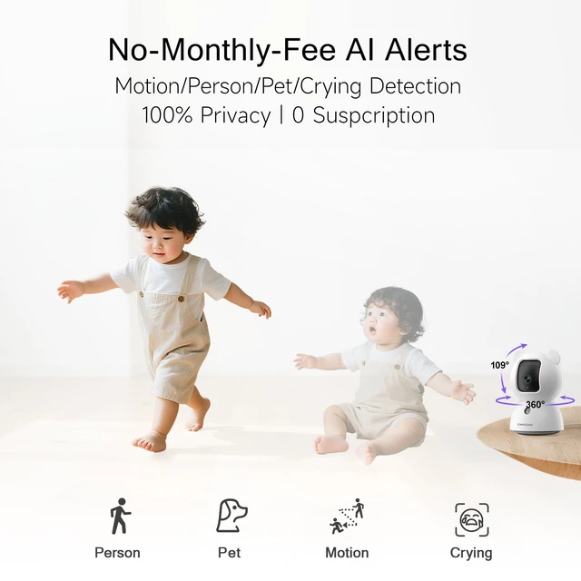 Alt view image 3 of 5 - CINMOORE 2.5K Security Camera Indoor, Free AI Person/Pet/Cry Detection, 4MP Pet/Dog/Cat Camera w/Phone App, Pan Tilt 2.4GHz WiFi Cameras for Home Security, Full Duplex 2-Way Audio (No Plug Version)