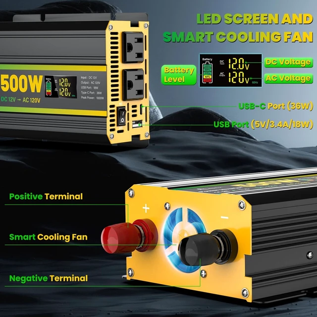 Alt view image 5 of 5 - 500 Watt Power Inverter for Vehicles, Car Power Inverter with 2 AC Outlets/Cigarette Lighter/PD 36W USB-C/QC 18W Port/LED Display, Inverter 12V to 110V for Truck/Car/Laptop/Camping with Surge 1000W