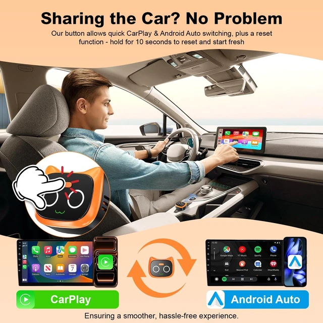 Alt view image 4 of 5 - Fenpos 2 in 1 Wireless CarPlay and Android Auto Adapter, Easy Setup Plug and Play, Fast Seamless Use Supports 1000+ Cars with Built-in Wired Car Play/Android Auto Compact Design Car Adapter
